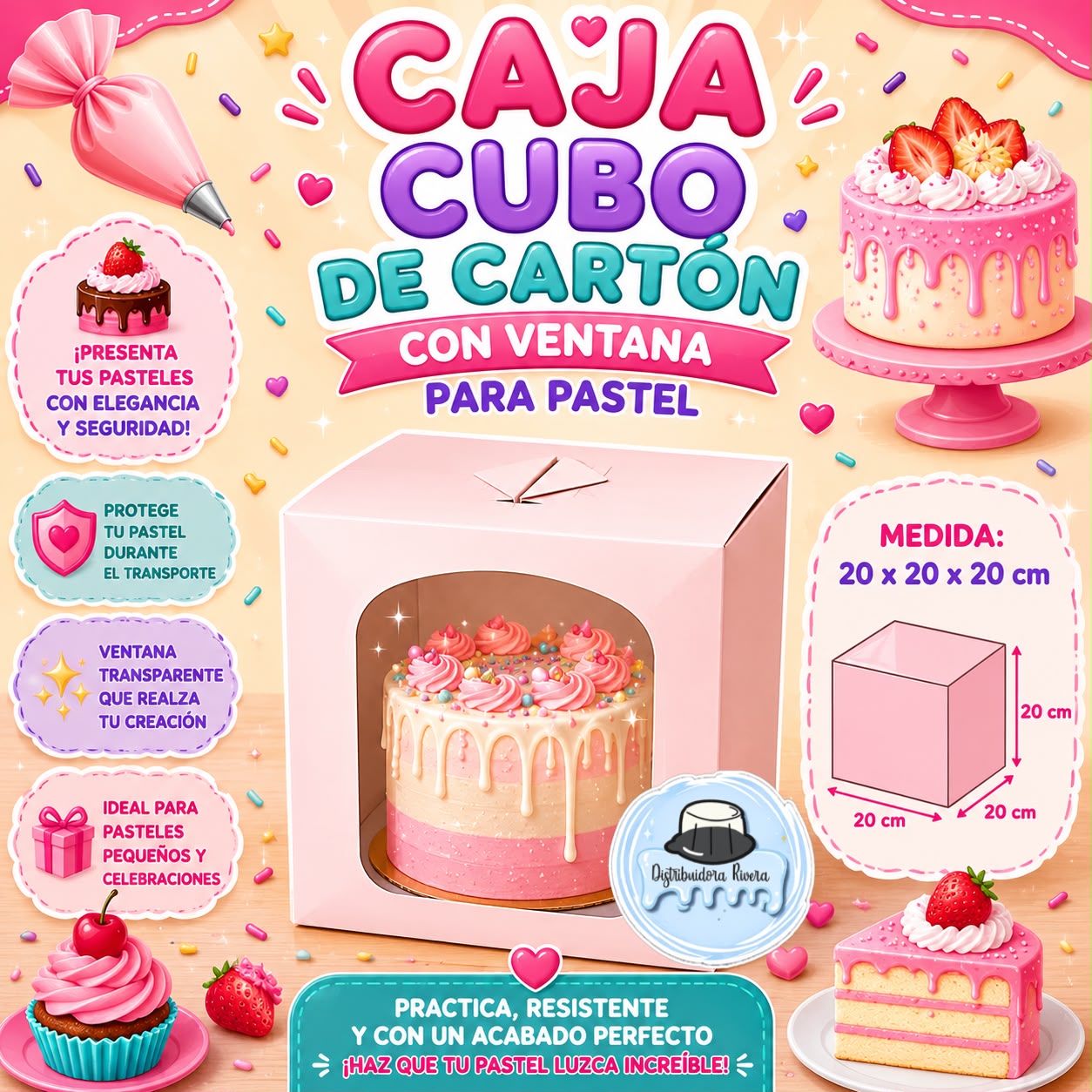 CAJA CUBO DE CARTÓN CON VENTANA PARA PASTEL
